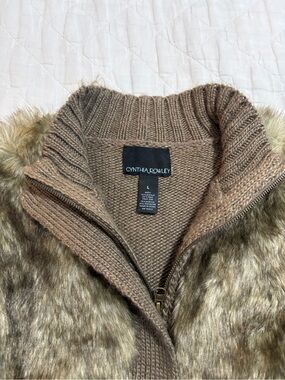 Cynthia Rowley Faux Fur Knit Full Zip-Front Long Sleeve Sweater in Tan Brown
